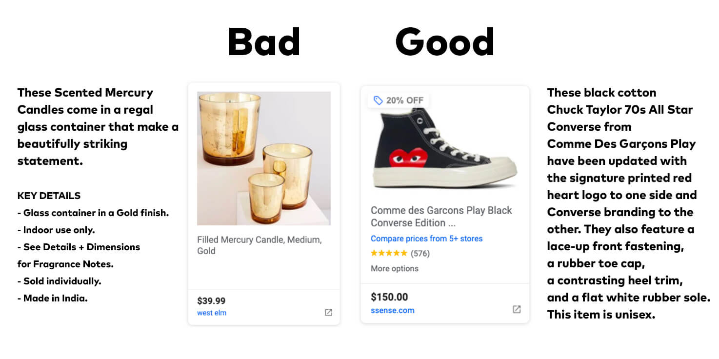 good and bad example of product descriptions on google shopping