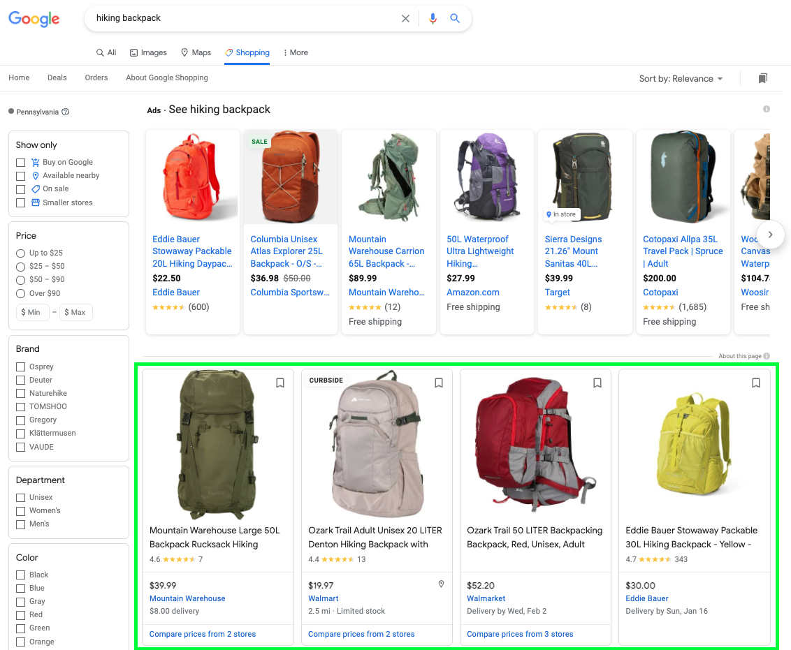 organic google shopping listings