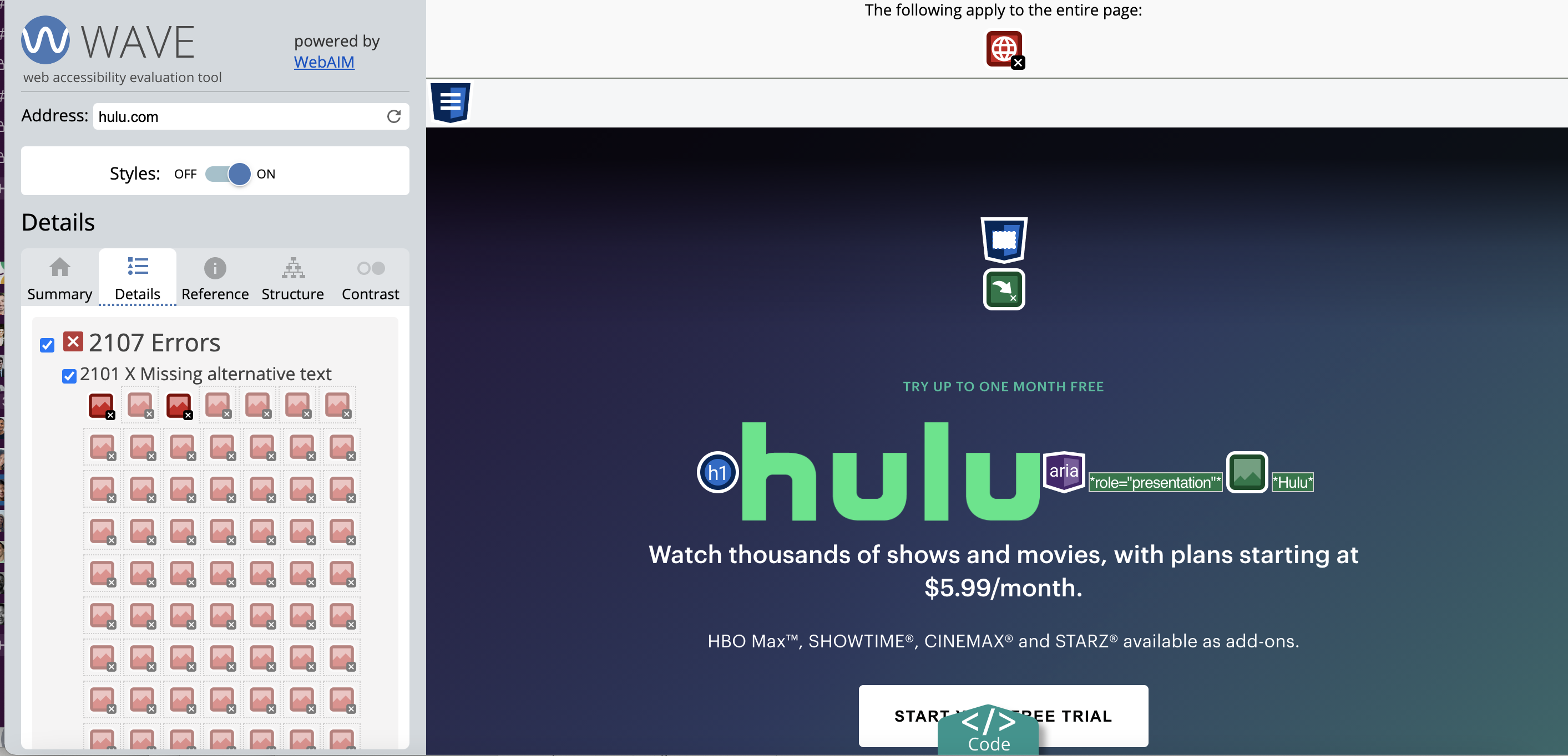 Screenshot of WAVE accessibility evaluation tool showcasing missing alternative text on Hulu website
