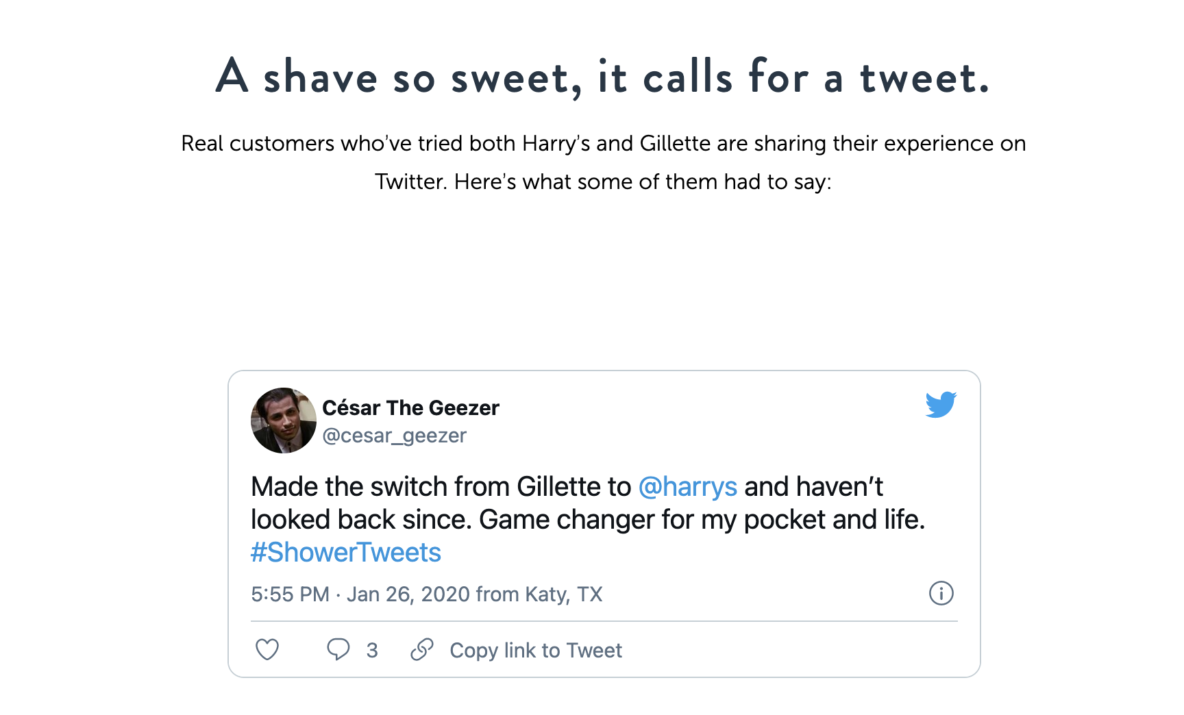 Harry's landing page showing a tweet from real customers that love their razors.