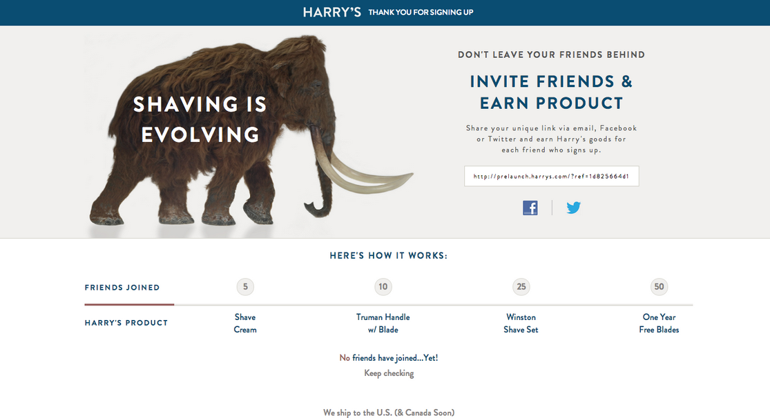 Harry's referral program landing page.