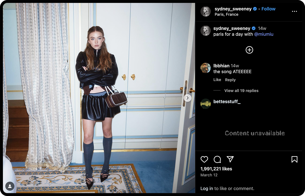 Photo of Sydney Sweeney in a Miu Miu partnership post.
