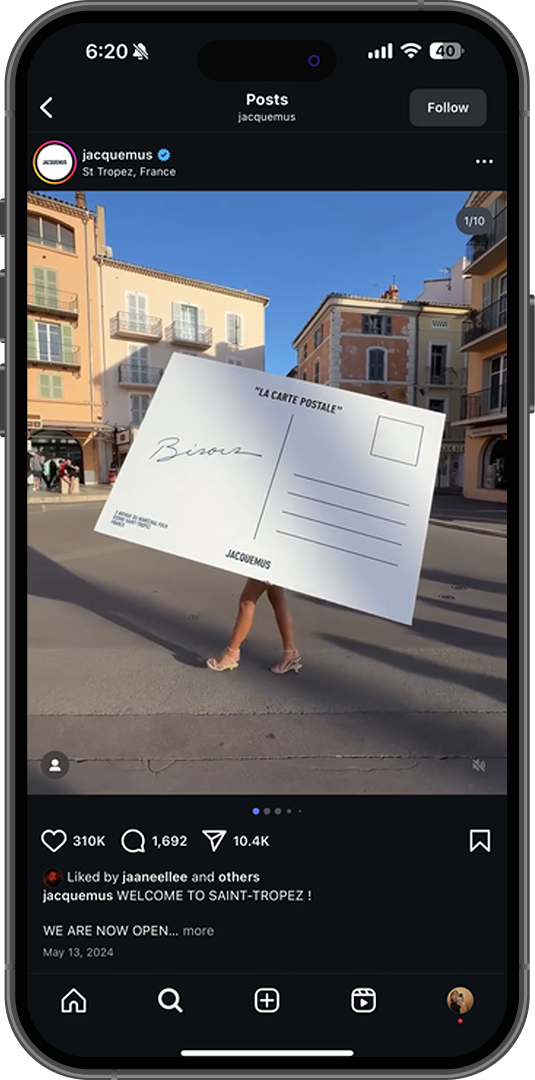 Instagram post from Jacquemus, with behind the scenes content.