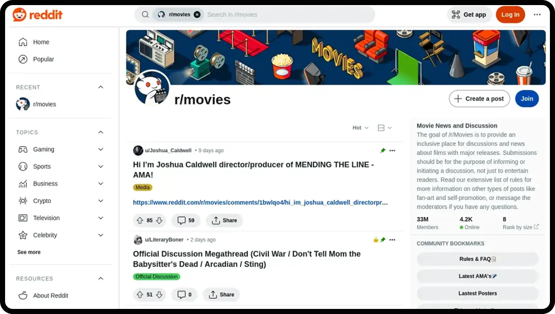 Hero section of the Reddit community r/Movies.
