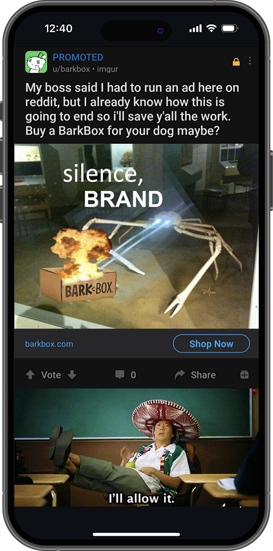 Meme of a crab reading "silence, brand" on a Reddit feed.