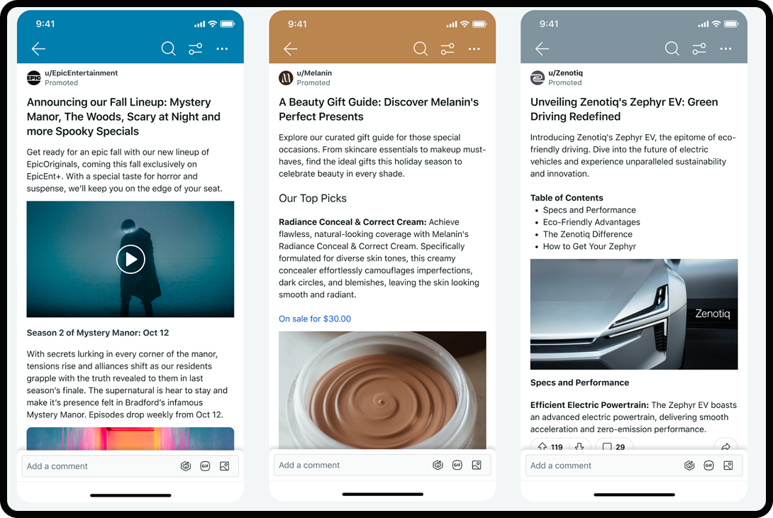 Three phone mockups showing branded Reddit posts.