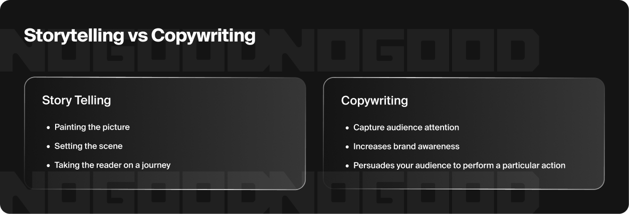 Graphic detailing the differences between copywriting and storytelling.