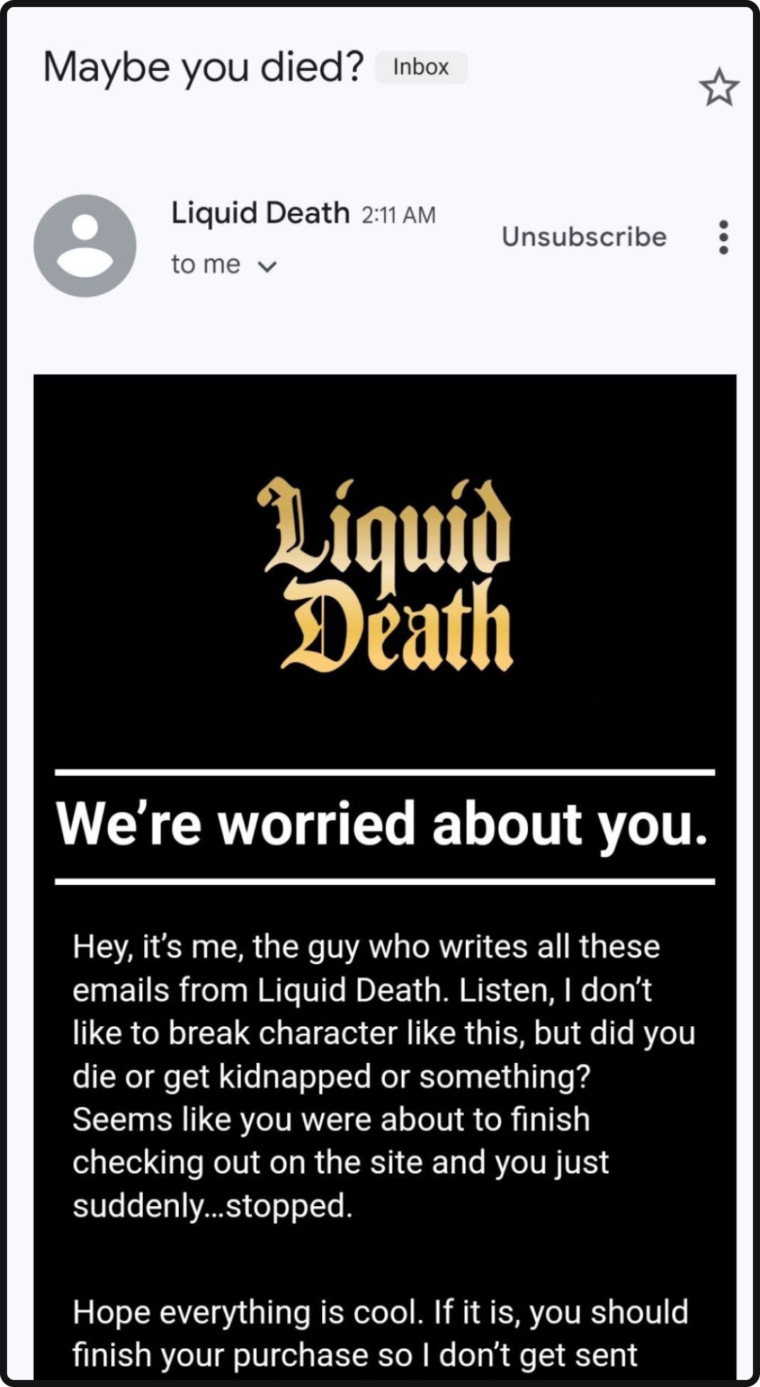 Bottom-of-funnel copywriting example from Liquid Death.