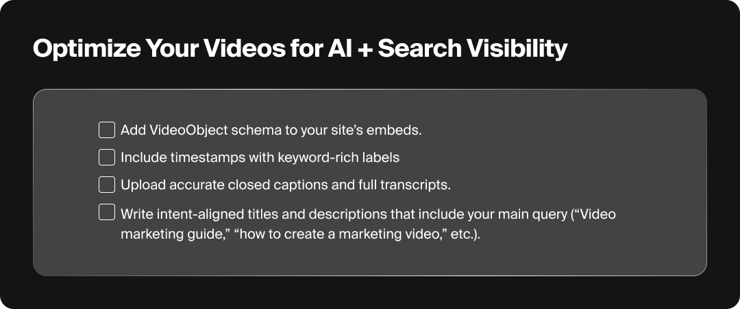 Checklist for how to ensure AI and search visibility for video marketing.