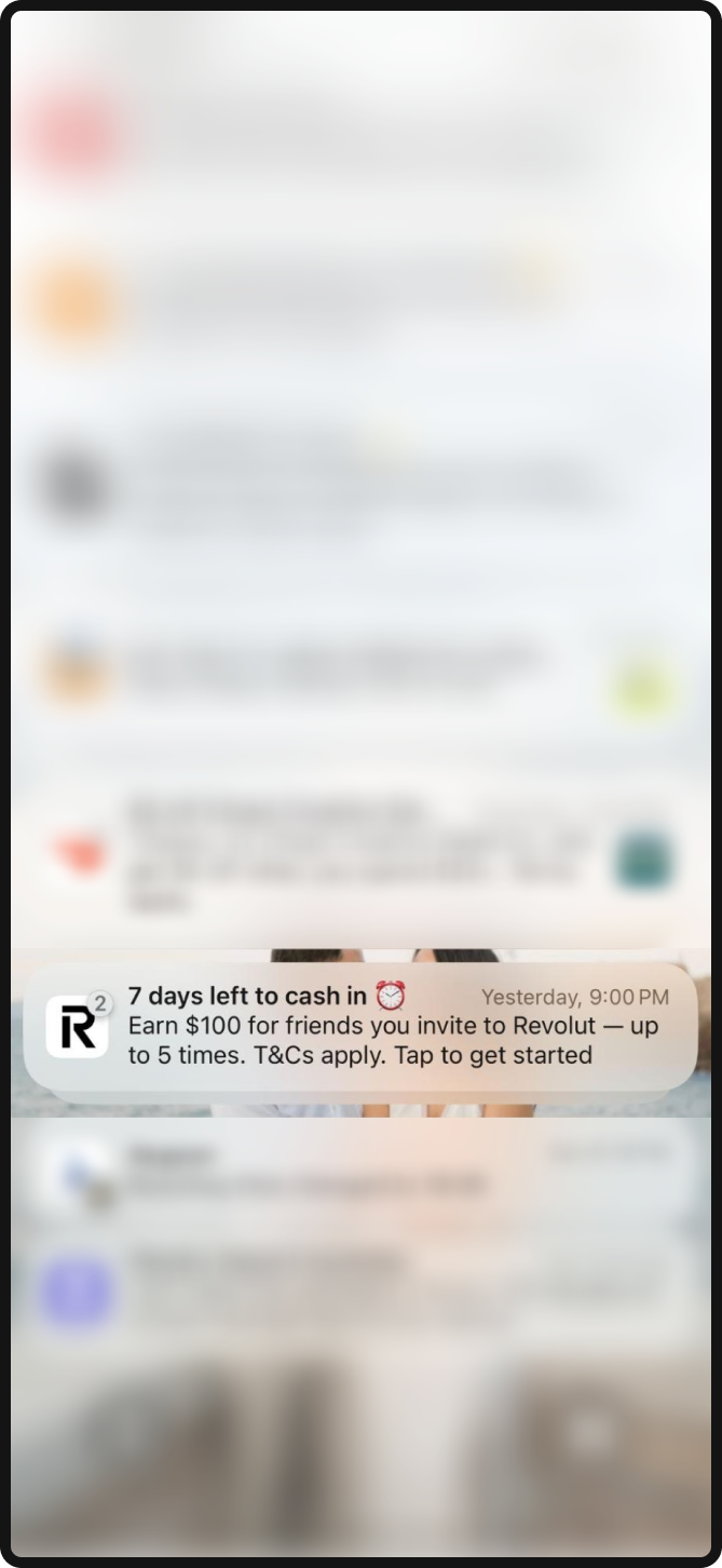 iPhone screenshot of an SMS push notification for a Fintech company.