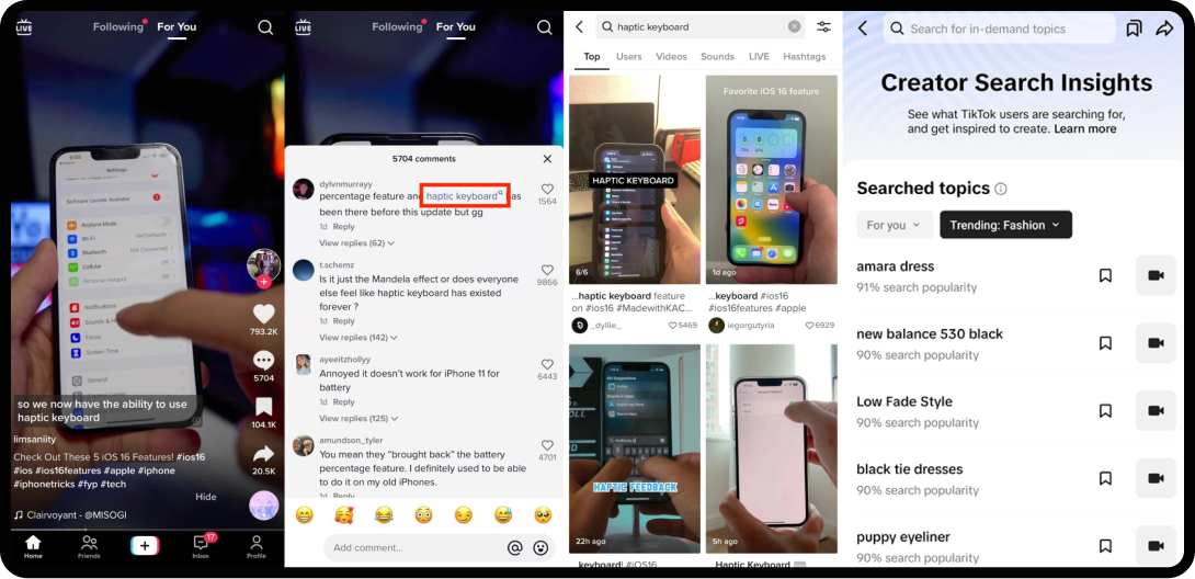 Series of screenshots showing how TikTok is used as a search engine.