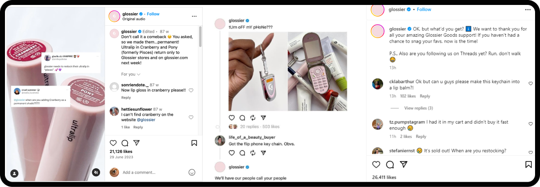 Examples of Glossier's content marketing strategy across social channels.