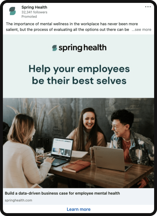 Spring Health ad example that says, "Help Your Employees Be Their Best Selves"