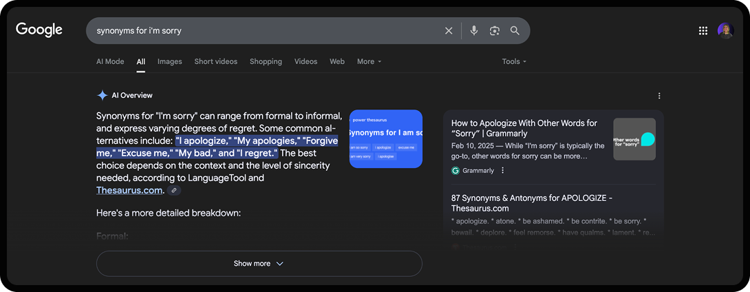 Google's AI Overview showing AI-generated results.