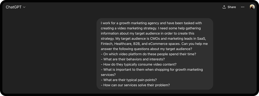 Example of using ChatGPT for video marketing.