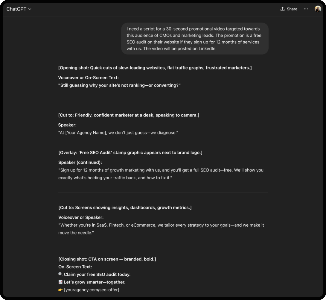 Example conversation with ChatGPT about video marketing.