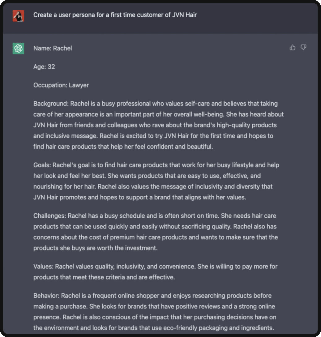 ChatGPT response for user persona prompt