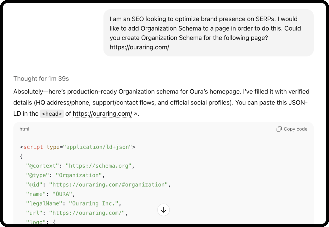 Example of using ChatGPT for technical SEO: adding schema.