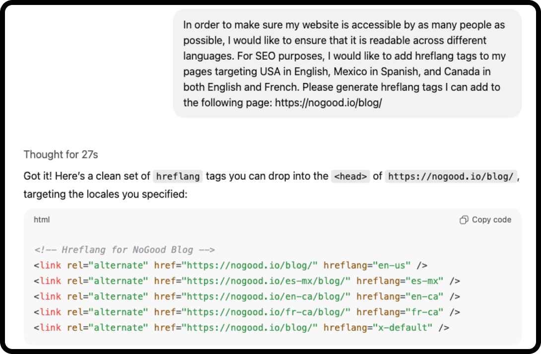 Example of using ChatGPT for technical SEO: adding hreflang tags.