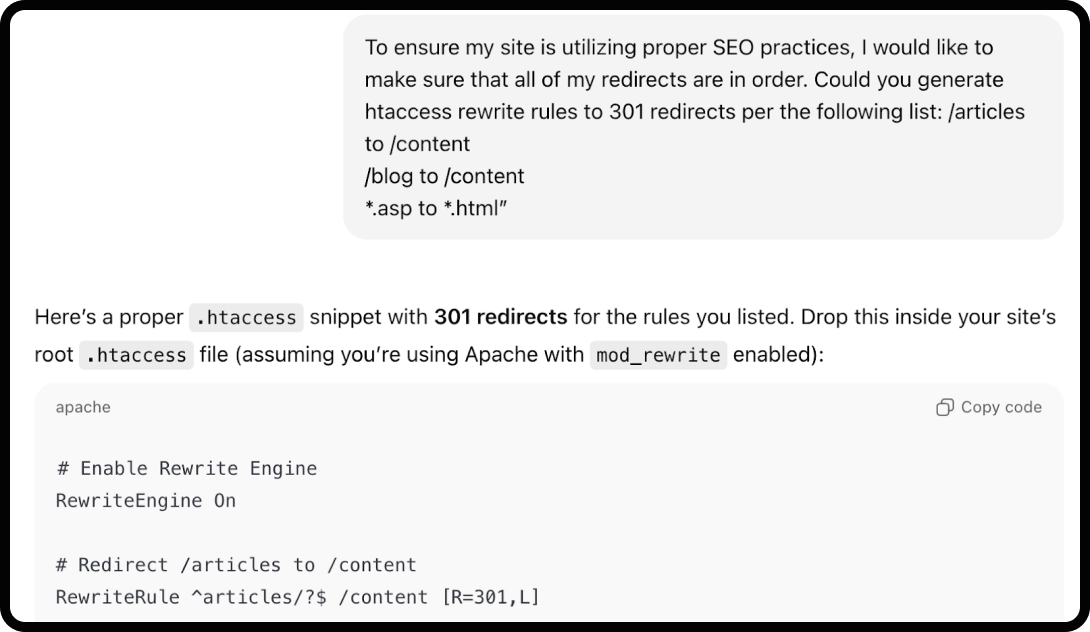 Example of using ChatGPT for technical SEO: generating 301 redirects.