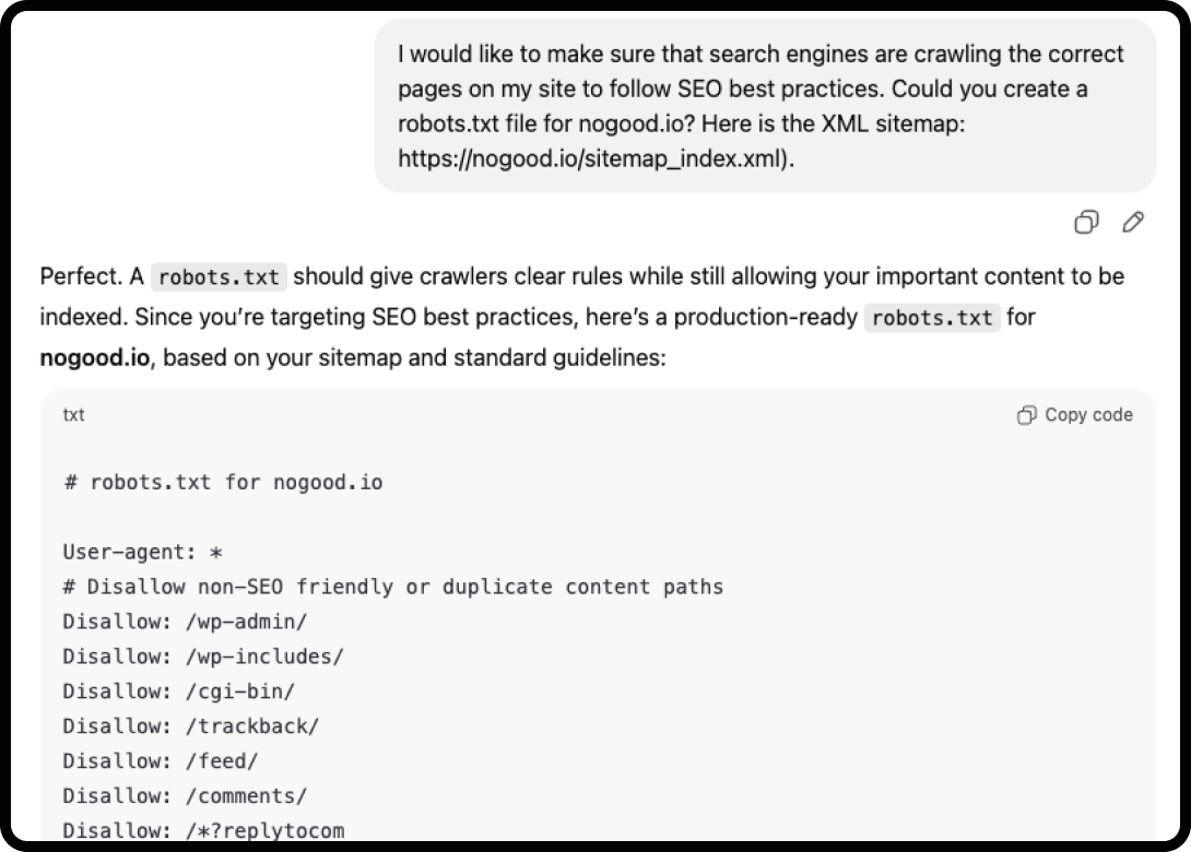 Example of using ChatGPT for technical SEO: creating a robots.txt file.