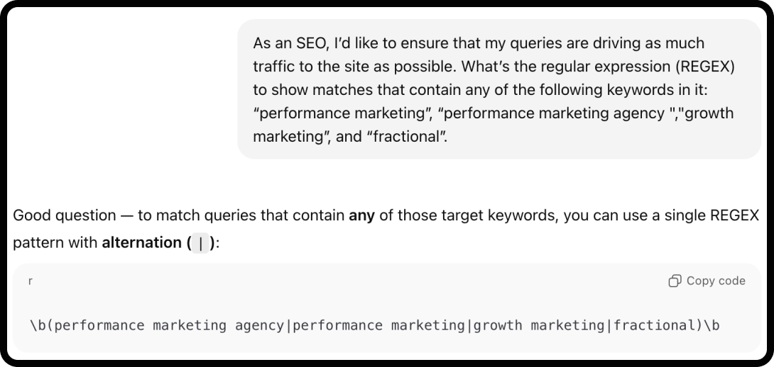 Example of using ChatGPT for technical SEO: creating REGEX.