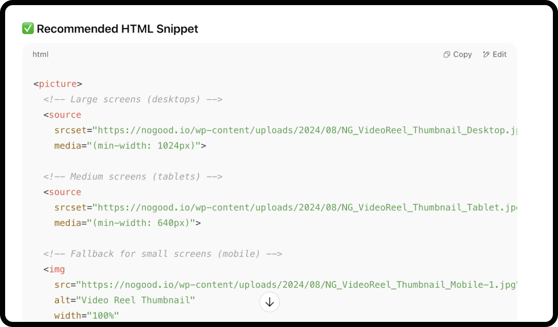 Example of using ChatGPT for technical SEO: recommending HTML snippets.