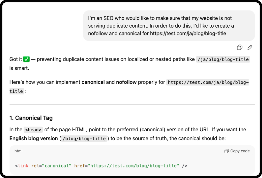 Example of using ChatGPT for technical SEO: creating nofollow and canonical links.