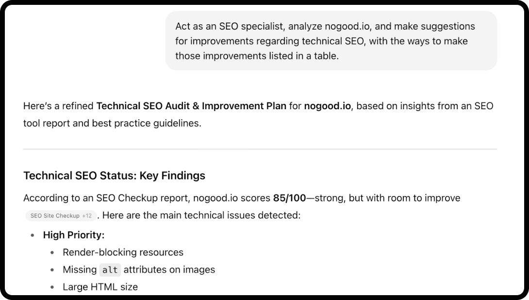 Example of using ChatGPT for technical SEO: running an audit.