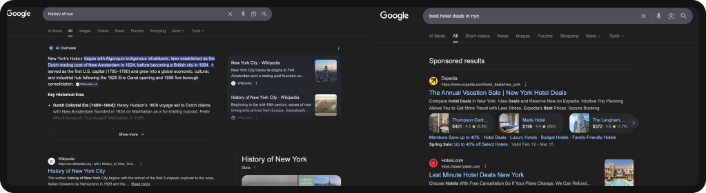 Side-by-side view of a commercial vs. informational search.