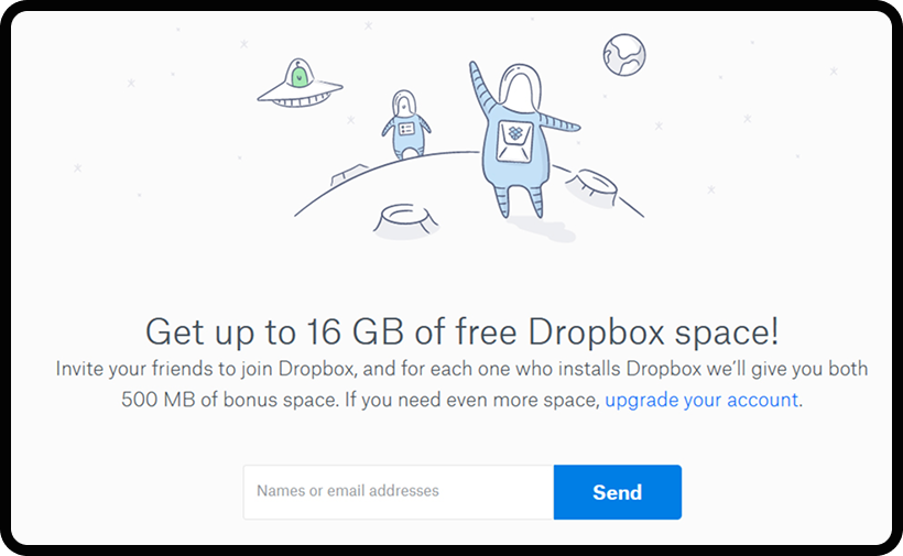 Screenshot of a Dropbox referral marketing program giving users free space.
