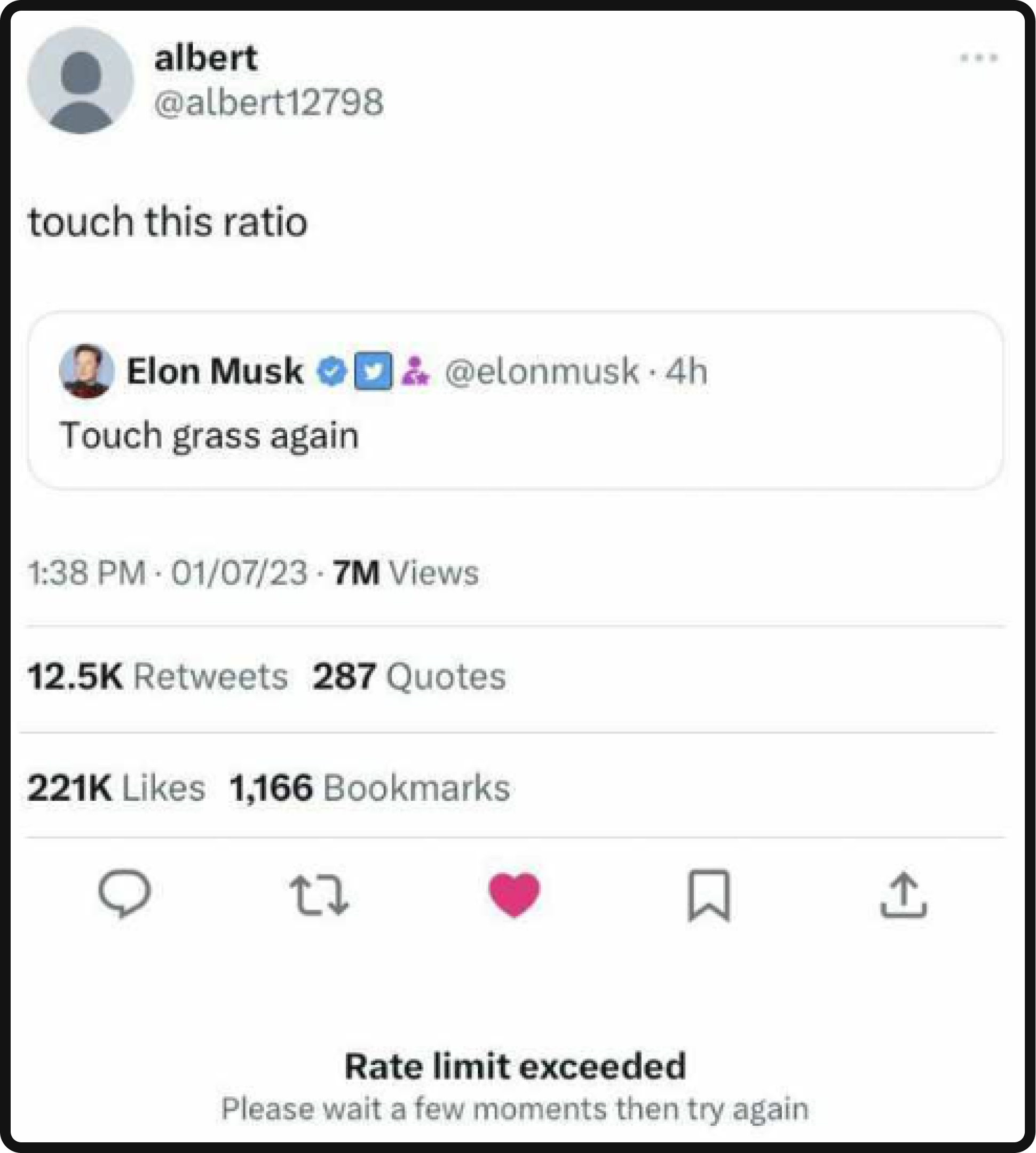Elon Musk's tweet related to users' rate limit being exceeded. 