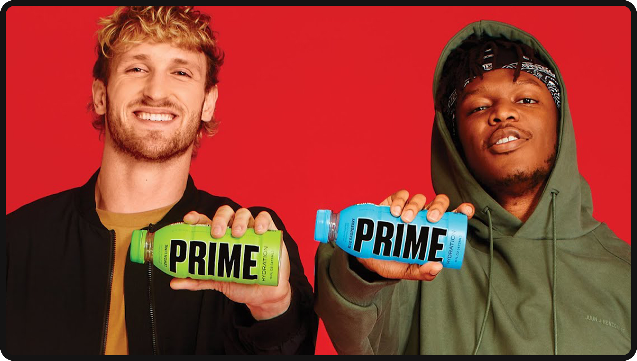 Logan Paul and KSI both holding a Prime hydration drink. 