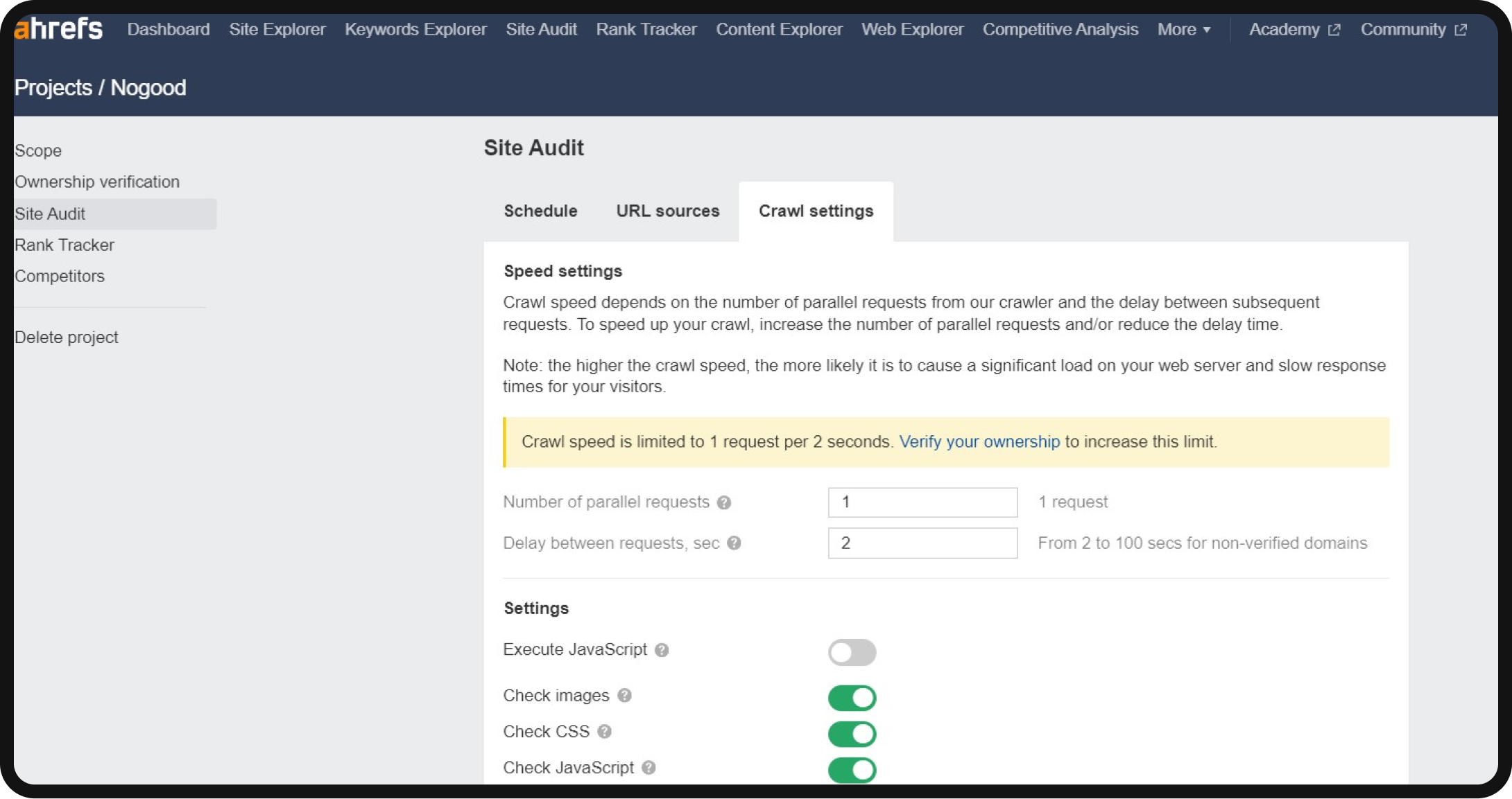 Using Ahrefs to check site audit settings for a technical SEO audit
