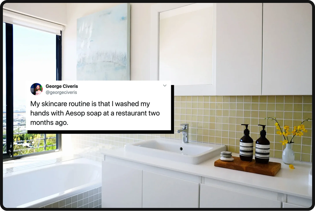 Tweet about Aesop hand soap showing the effectiveness of luxury brand marketing.