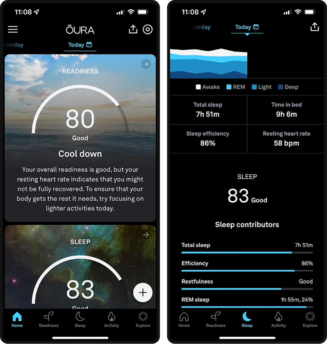 Two screenshots of Oura Ring's app UI.