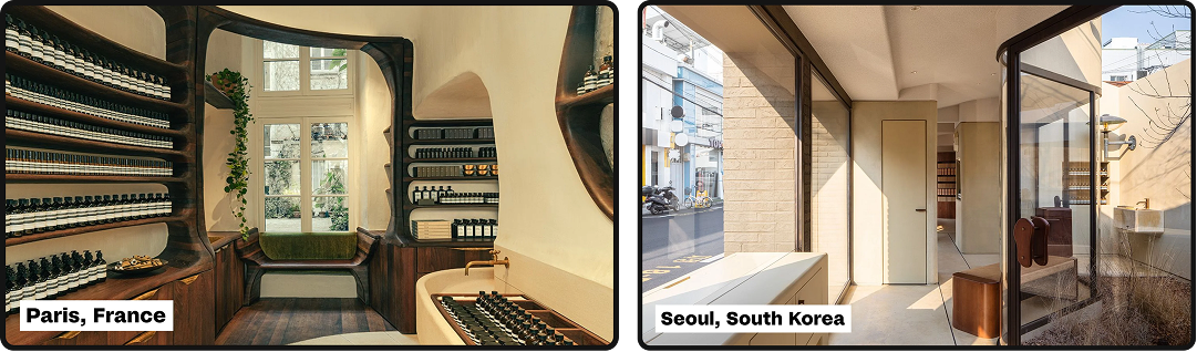 Aesop stores across the world showcasing the brand ethos.