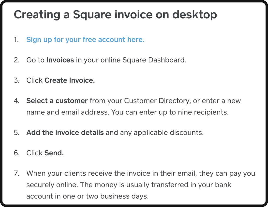 Creating a square invoice on desktop