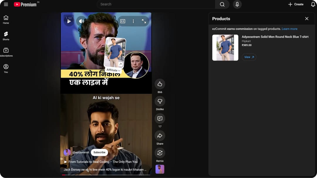 YouTube Short with an affiliate product tag and a Products panel noting the creator earns commission on tagged products