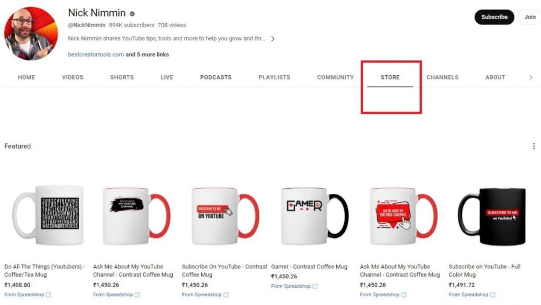 YouTube channel Store tab showing featured creator merch, a row of branded coffee mugs with prices