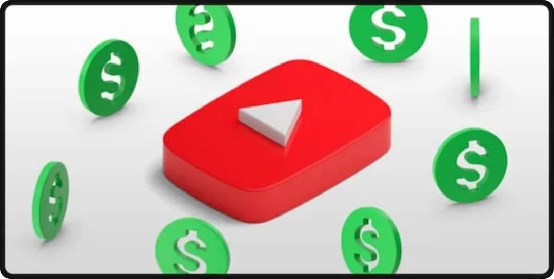3D YouTube play button surrounded by floating green dollar coins