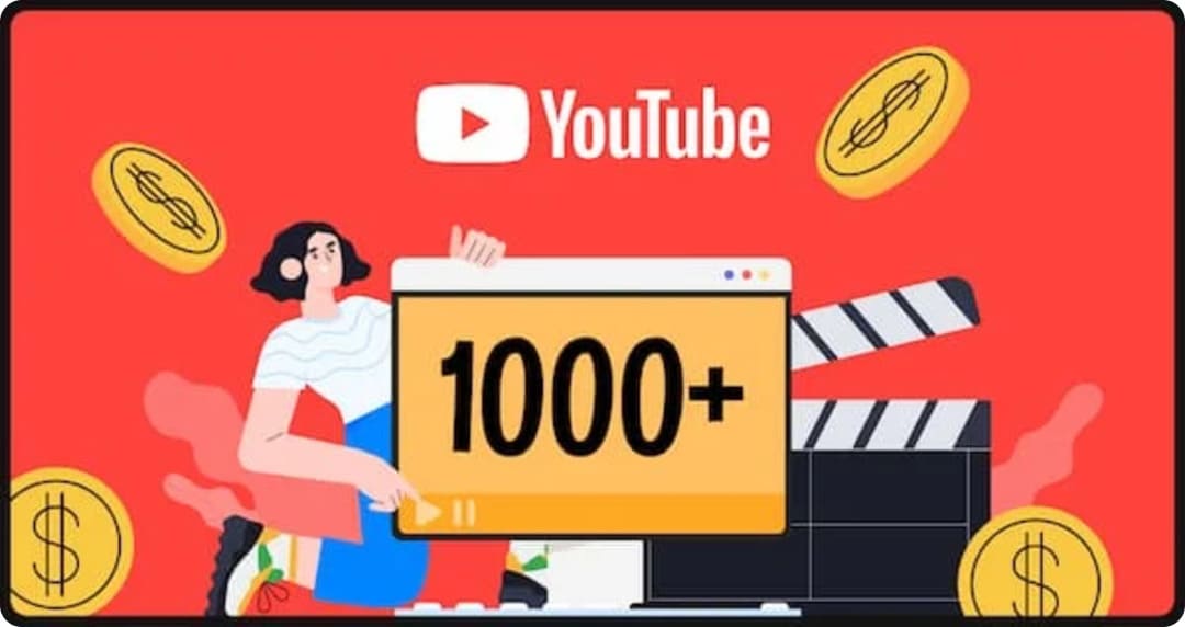 Illustration of a woman next to a “1000+” sign under the YouTube logo, surrounded by gold coins and a clapperboard