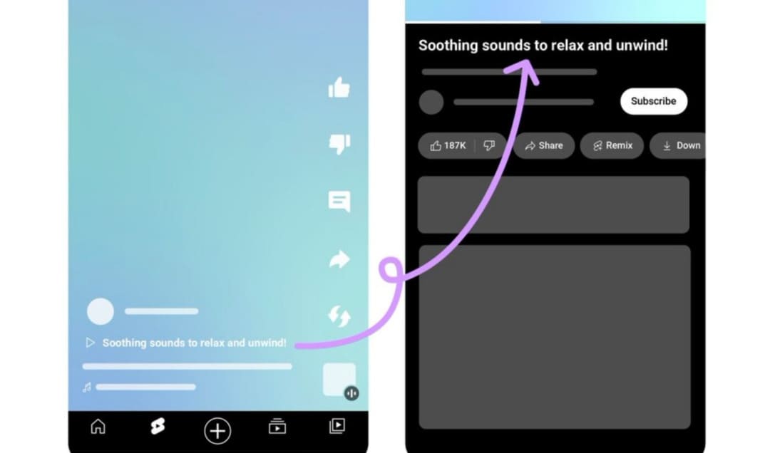 YouTube Short with a linked Related Video title, with an arrow showing it leads viewers to the full long-form video