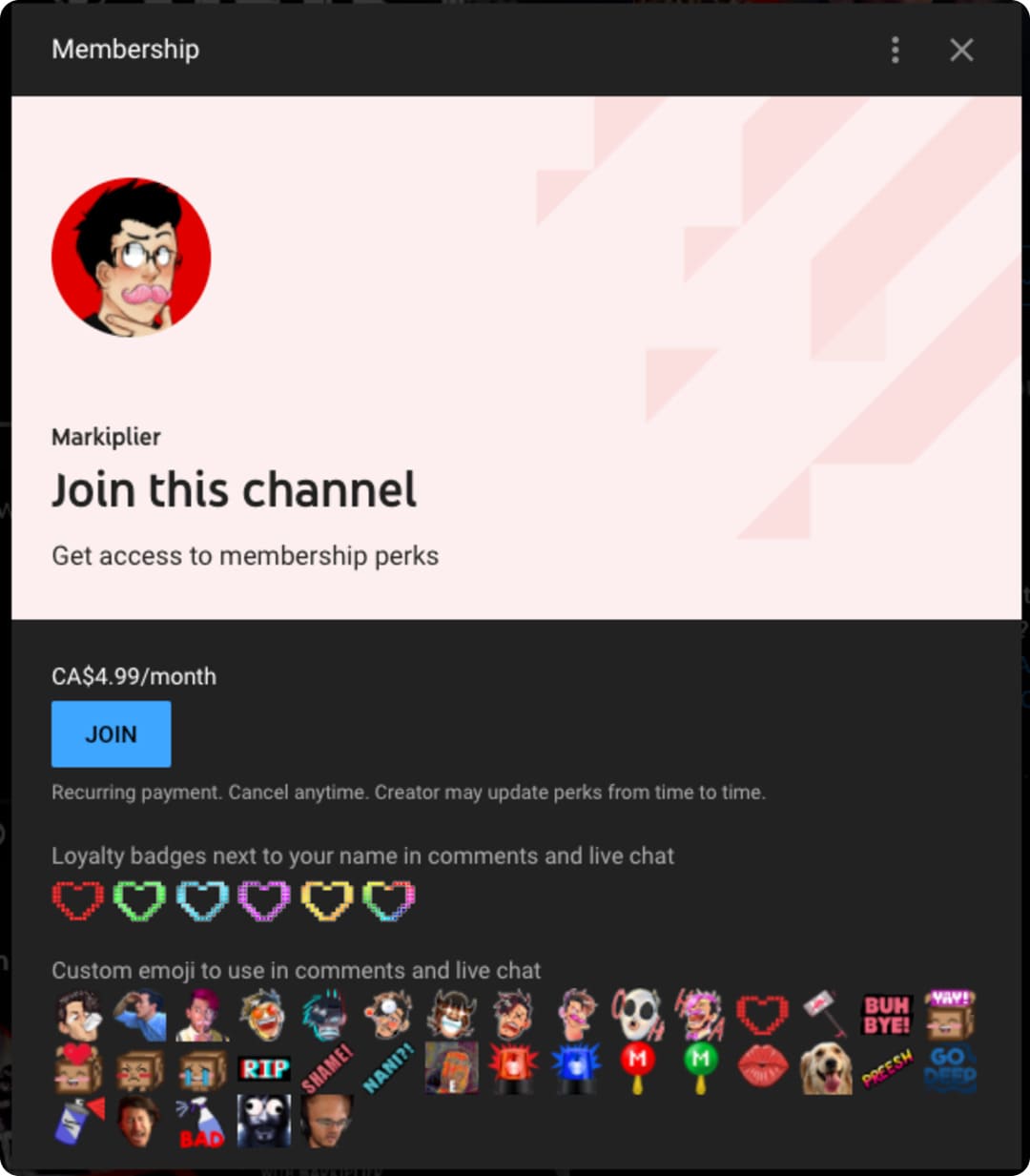 YouTube channel membership pop-up showing a monthly price, a Join button, loyalty badges, and custom emoji perks
