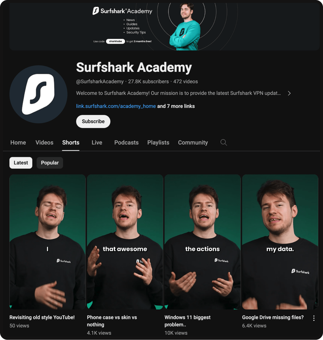 Surfshark Academy - organic YouTube strategy