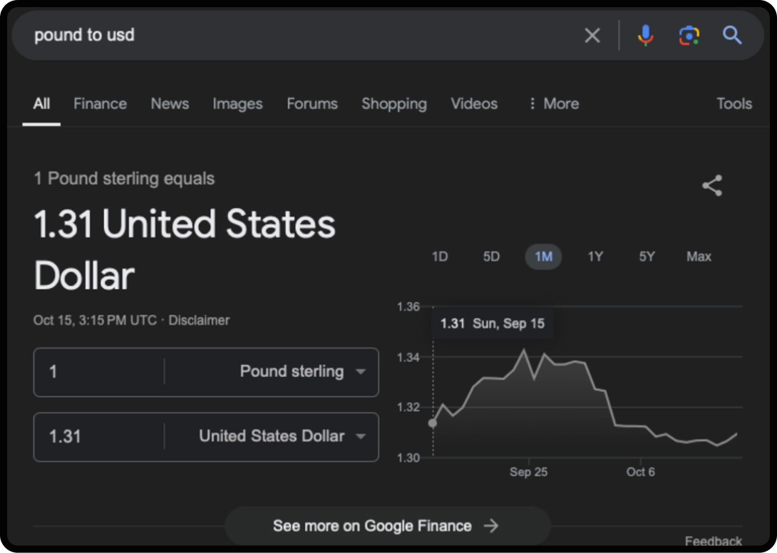 Screenshot of currency Google Search