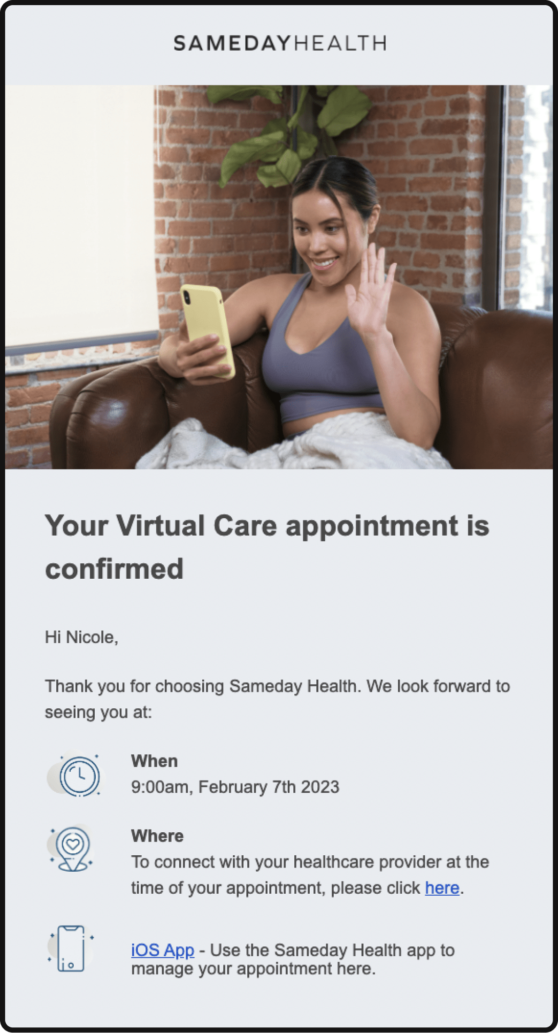 Sameday Health appointment confirmation