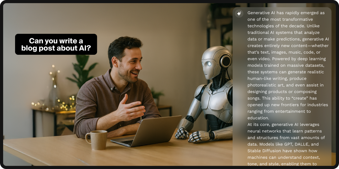 Man talking to a robot (representing AI) and asking it to write a blog post about AI.
