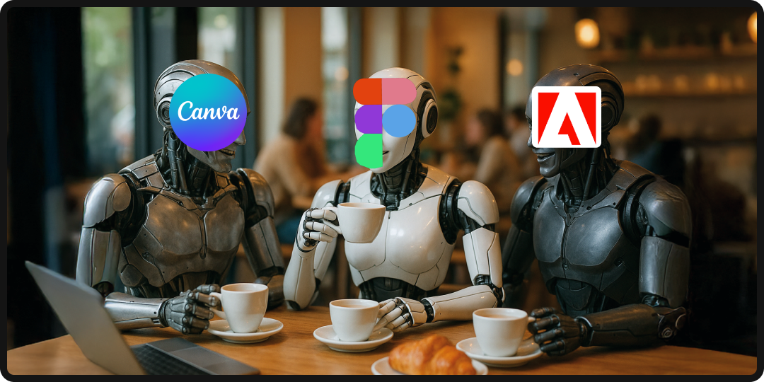 Figma, Canva, and Adobe logos on robot bodies having a conversation.