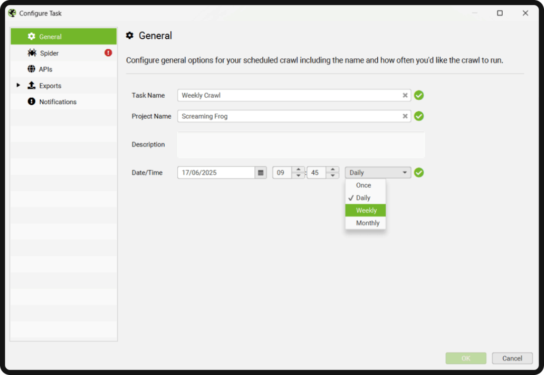 Screenshot of Screaming Frog UI, an SEO automation tool.